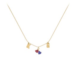 Initials Necklace with Double Heart Gemstones in 9K Solid Yellow Gold with Ruby and Blue Sapphire