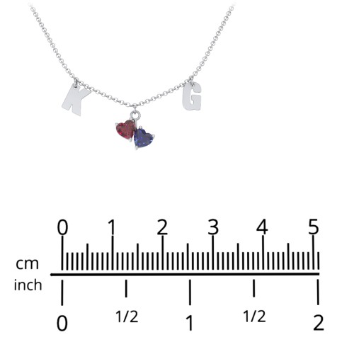 Initials Necklace with Double Heart Gemstones – 9kt Yellow Gold with Ruby and Blue Sapphire