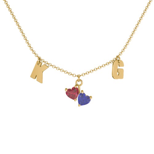 Initials Necklace with Double Heart Gemstones – 9kt Yellow Gold with Ruby and Blue Sapphire