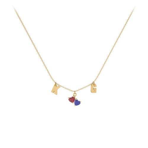 Initials Necklace with Double Heart Gemstones – 9kt Yellow Gold with Ruby and Blue Sapphire