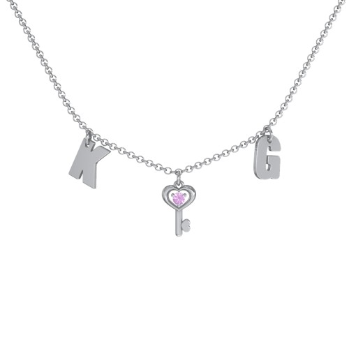 Initials Necklace with Gemstone Key Charm – Sterling Silver with Amethyst