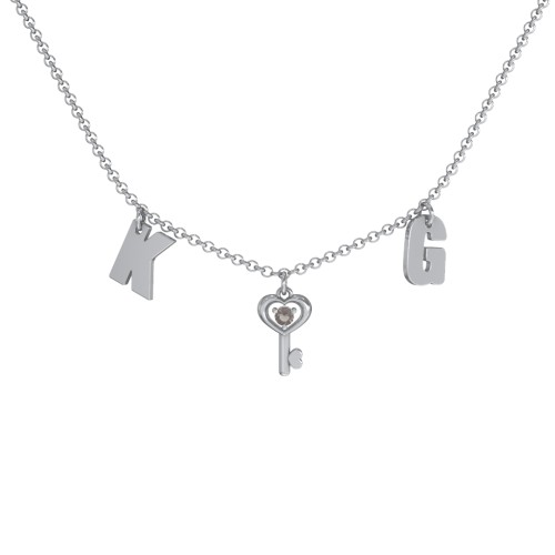 Initials Necklace with Gemstone Key Charm – Sterling Silver with Smokey Quartz