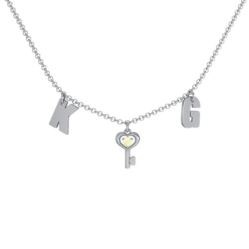 Initials Necklace with Gemstone Key Charm – Sterling Silver with Citrine