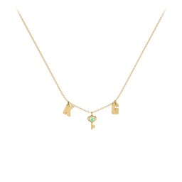 Initials Necklace with Gemstone Key Charm in 9K Solid Yellow Gold with Emerald