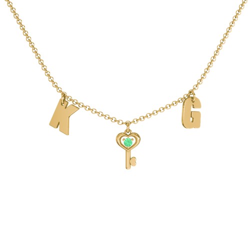 Initials Necklace with Gemstone Key Charm – 9kt Yellow Gold with Emerald
