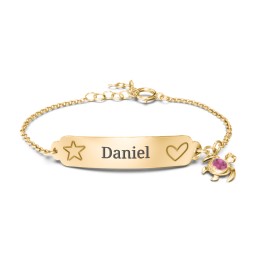 Engraved Heart and Star Baby Bracelet with Birthstone Turtle Charm