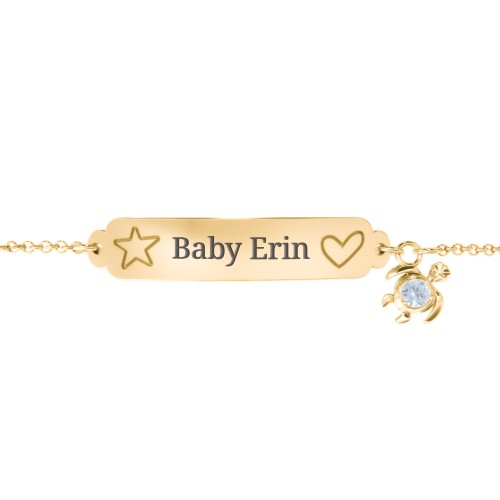 Engraved Heart and Star Baby Bracelet with Birthstone Turtle Charm