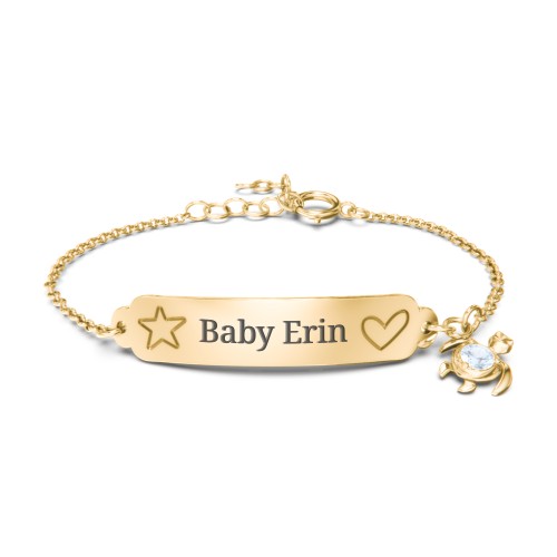Engraved Heart and Star Baby Bracelet with Birthstone Turtle Charm