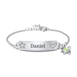 Engraved Heart and Star Baby Bracelet with Birthstone Turtle Charm in 925 Sterling Silver with Peridot