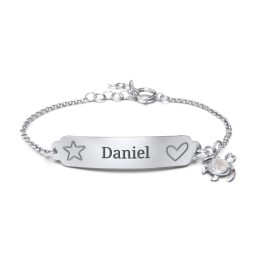 Engraved Heart and Star Baby Bracelet with Birthstone Turtle Charm in 925 Sterling Silver with Opal