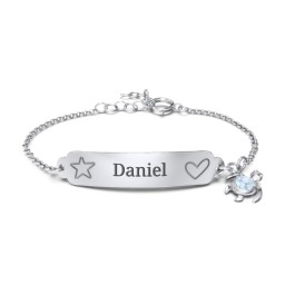 Engraved Heart and Star Baby Bracelet with Birthstone Turtle Charm in 925 Sterling Silver with Blue Topaz