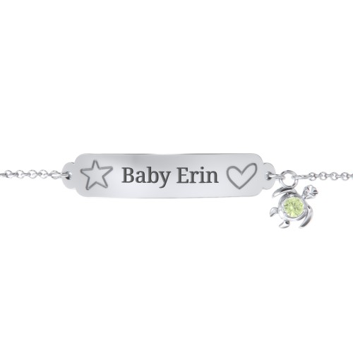 Engraved Heart and Star Baby Bracelet with Birthstone Turtle Charm – Sterling Silver with Peridot