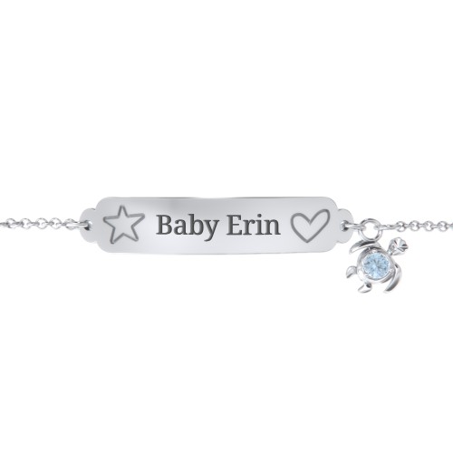 Engraved Heart and Star Baby Bracelet with Birthstone Turtle Charm – Sterling Silver with Blue Topaz