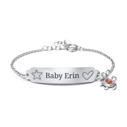 Engraved Heart and Star Baby Bracelet with Birthstone Turtle Charm – Sterling Silver with Garnet