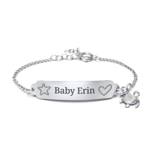 Engraved Heart and Star Baby Bracelet with Birthstone Turtle Charm – Sterling Silver with Opal