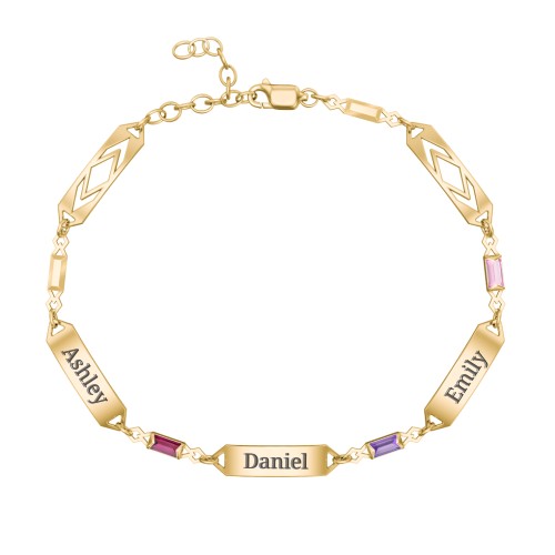 Engravable Family Bracelet with Baguette Birthstones (1-5 Stones) – 9kt Yellow Gold with Ruby, Amethyst, and Pink Tourmaline