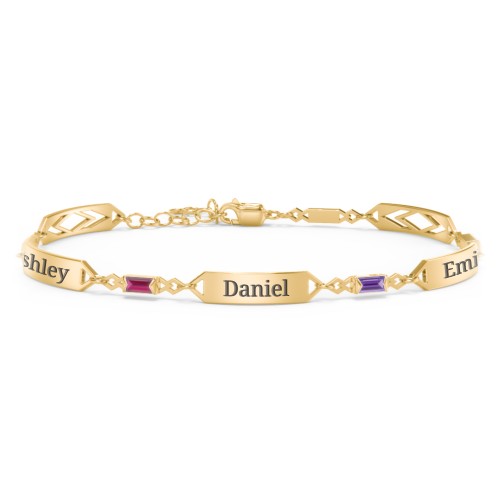Engravable Family Bracelet with Baguette Birthstones (1-5 Stones) – 9kt Yellow Gold with Ruby, Amethyst, and Pink Tourmaline