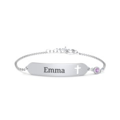 Engravable Small ID Bracelet with Cross and Birthstone – Sterling Silver with Ruby