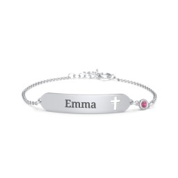Engravable Small ID Bracelet with Cross and Birthstone in 925 Sterling Silver with Ruby