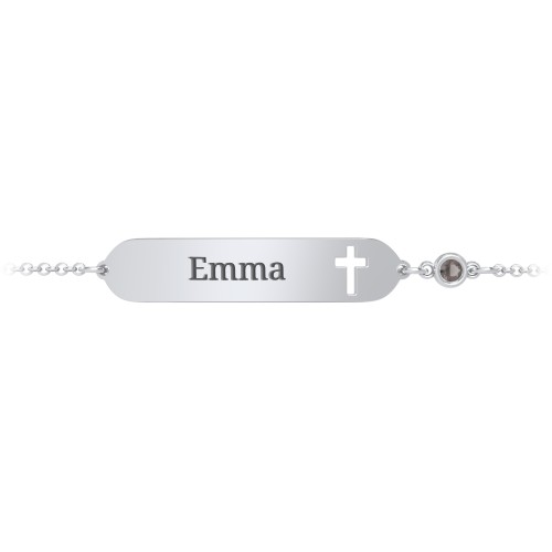 Engravable Small ID Bracelet with Cross and Birthstone – Sterling Silver with Smokey Quartz