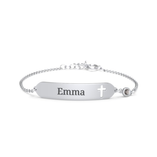 Engravable Small ID Bracelet with Cross and Birthstone – Sterling Silver with Smokey Quartz