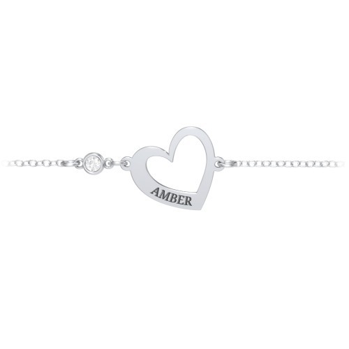 Engravable Open Heart Bracelet with Birthstone – Sterling Silver with Diamond