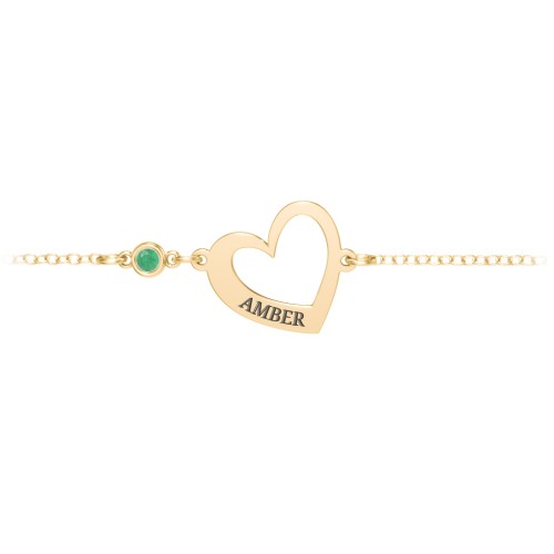 Engravable Open Heart Bracelet with Birthstone – 18K Gold Plated Silver with Emerald