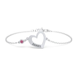 Engravable Open Heart Bracelet with Birthstone in 925 Sterling Silver with Ruby