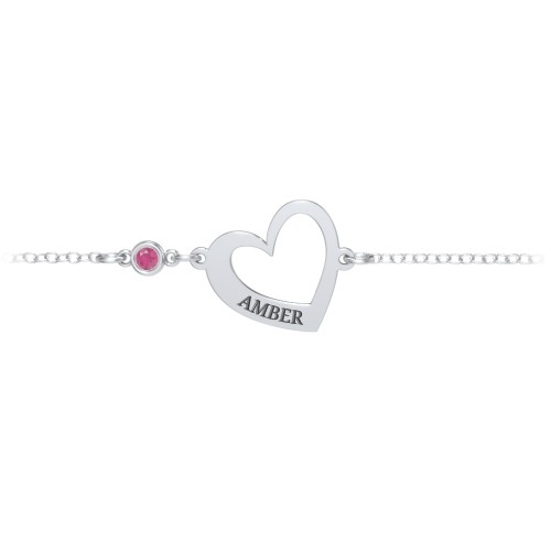 Engravable Open Heart Bracelet with Birthstone – Sterling Silver with Ruby