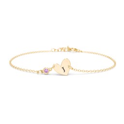 Initial Heart Bracelet with Birthstone in 9K Solid Yellow Gold with Amethyst