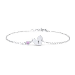 Initial Heart Bracelet with Birthstone in 925 Sterling Silver with Amethyst