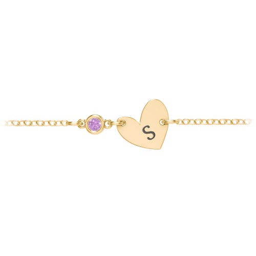Initial Heart Bracelet with Birthstone – 9kt Yellow Gold with Amethyst