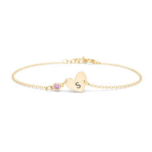 Initial Heart Bracelet with Birthstone – 9kt Yellow Gold with Amethyst