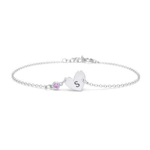 Initial Heart Bracelet with Birthstone – Sterling Silver with Amethyst