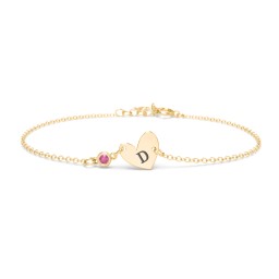 Initial Heart Bracelet with Birthstone in 18K Gold Plated Silver with Ruby
