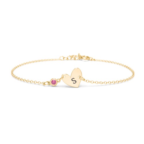 Initial Heart Bracelet with Birthstone – 18K Gold Plated Silver with Ruby