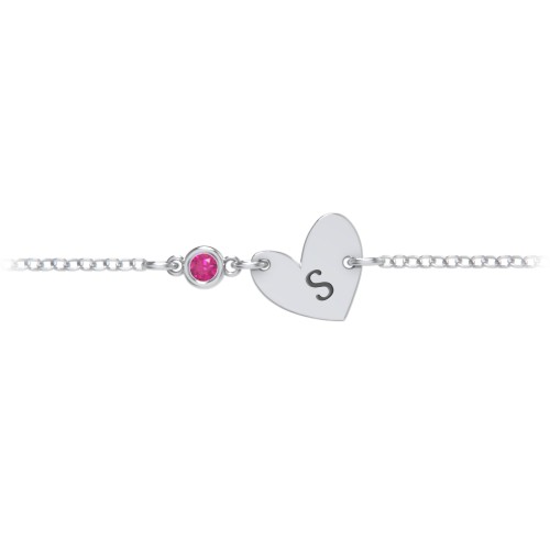 Initial Heart Bracelet with Birthstone – Sterling Silver with Ruby