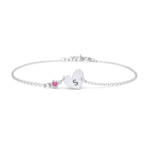 Initial Heart Bracelet with Birthstone – Sterling Silver with Ruby