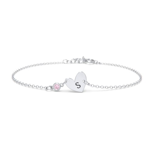 Initial Heart Bracelet with Birthstone – Sterling Silver with Pink Tourmaline