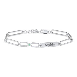 Engravable Long Link Infinity Family Bracelet with 1-4 Birthstones in 925 Sterling Silver with Emerald