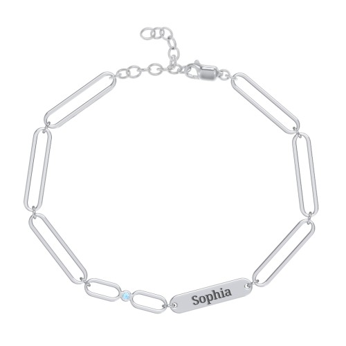 Engravable Long Link Infinity Family Bracelet with 1-4 Birthstones – Sterling Silver with Blue Topaz