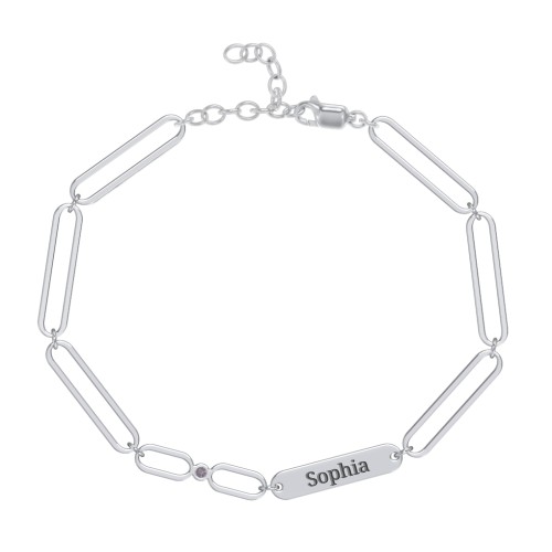 Engravable Long Link Infinity Family Bracelet with 1-4 Birthstones – Sterling Silver with Alexandrite