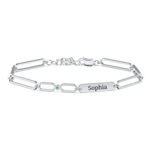 Engravable Long Link Infinity Family Bracelet with 1-4 Birthstones – Sterling Silver with Emerald