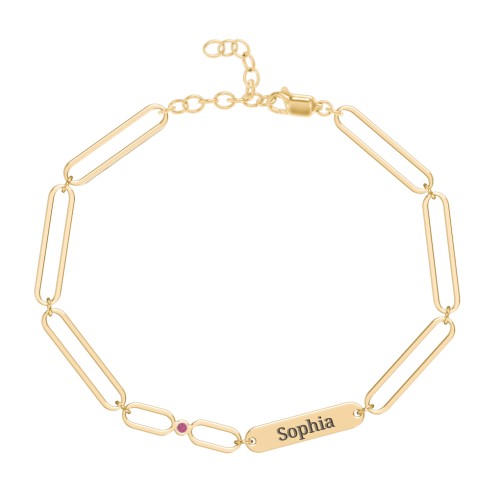 Engravable Long Link Infinity Family Bracelet with 1-4 Birthstones – 9kt Yellow Gold with Ruby