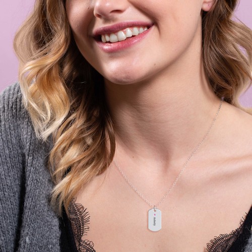Engravable Dog Tag Necklace with 1 Birthstone