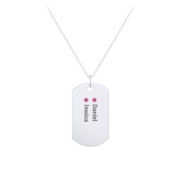 Engravable Dog Tag Necklace with 2 Birthstone in 925 Sterling Silver with Ruby