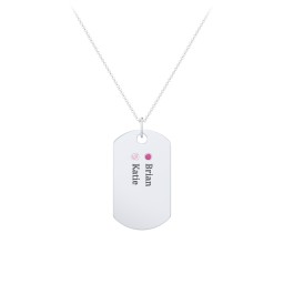 Engravable Dog Tag Necklace with 2 Birthstone in 925 Sterling Silver with Ruby and Pink Tourmaline