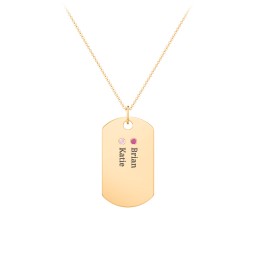 Engravable Dog Tag Necklace with 2 Birthstone in 9K Solid Yellow Gold with Ruby and Pink Tourmaline