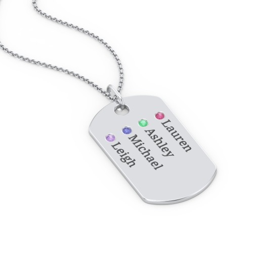 Engravable Dog Tag Necklace with 4 Birthstone – Sterling Silver with Ruby, Emerald, Blue Sapphire, and Amethyst