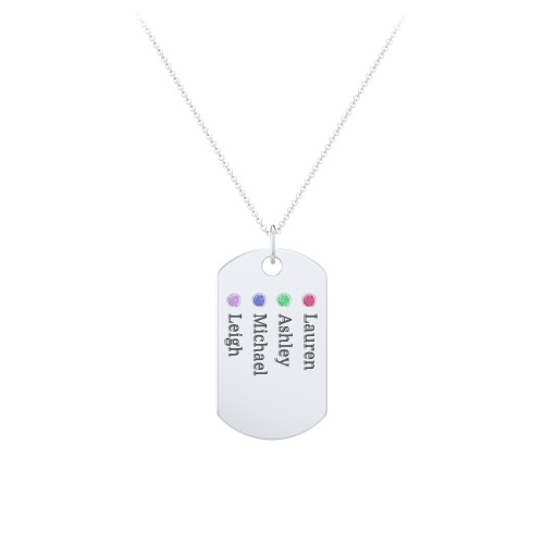 Engravable Dog Tag Necklace with 4 Birthstone – Sterling Silver with Ruby, Emerald, Blue Sapphire, and Amethyst